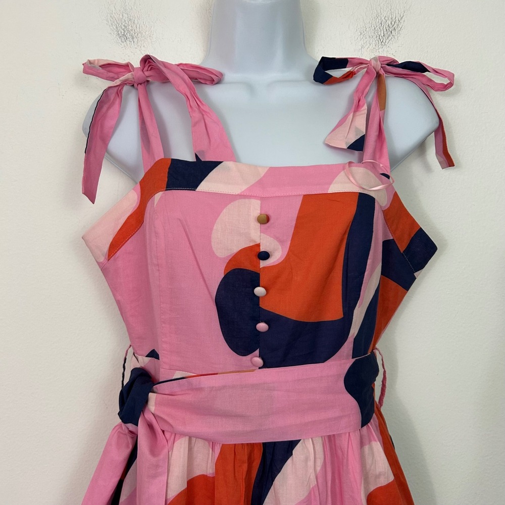 Ciebon Pink Abstract Geometric Print Tie Strap Midi Dress with Pockets‎ Small
